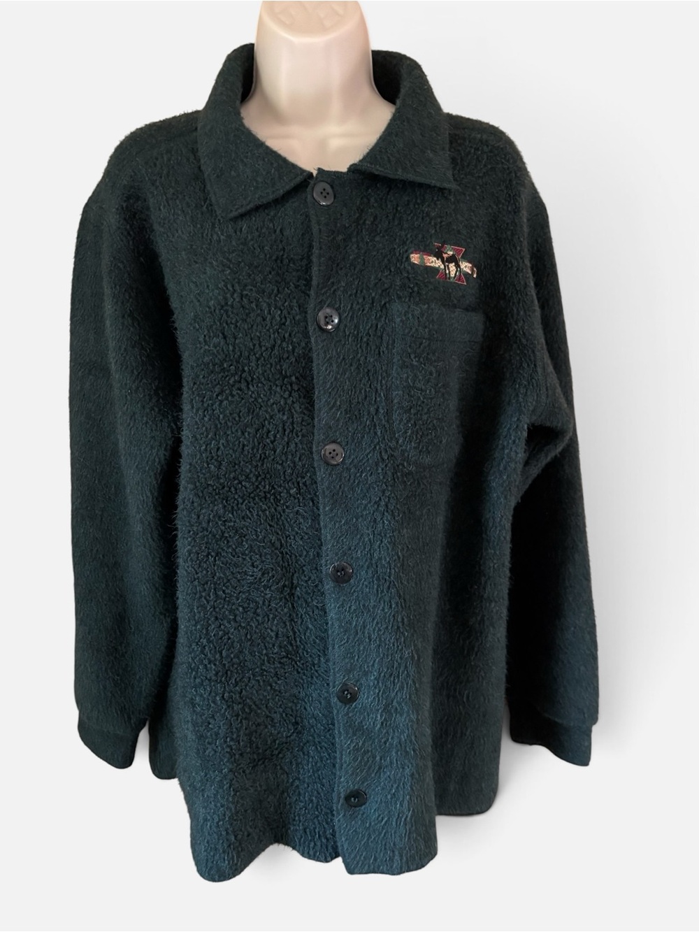 Vintage 90’s Artisans Forest Green Fuzzy Lodge Fleece Bull Moose Shirt Jacket